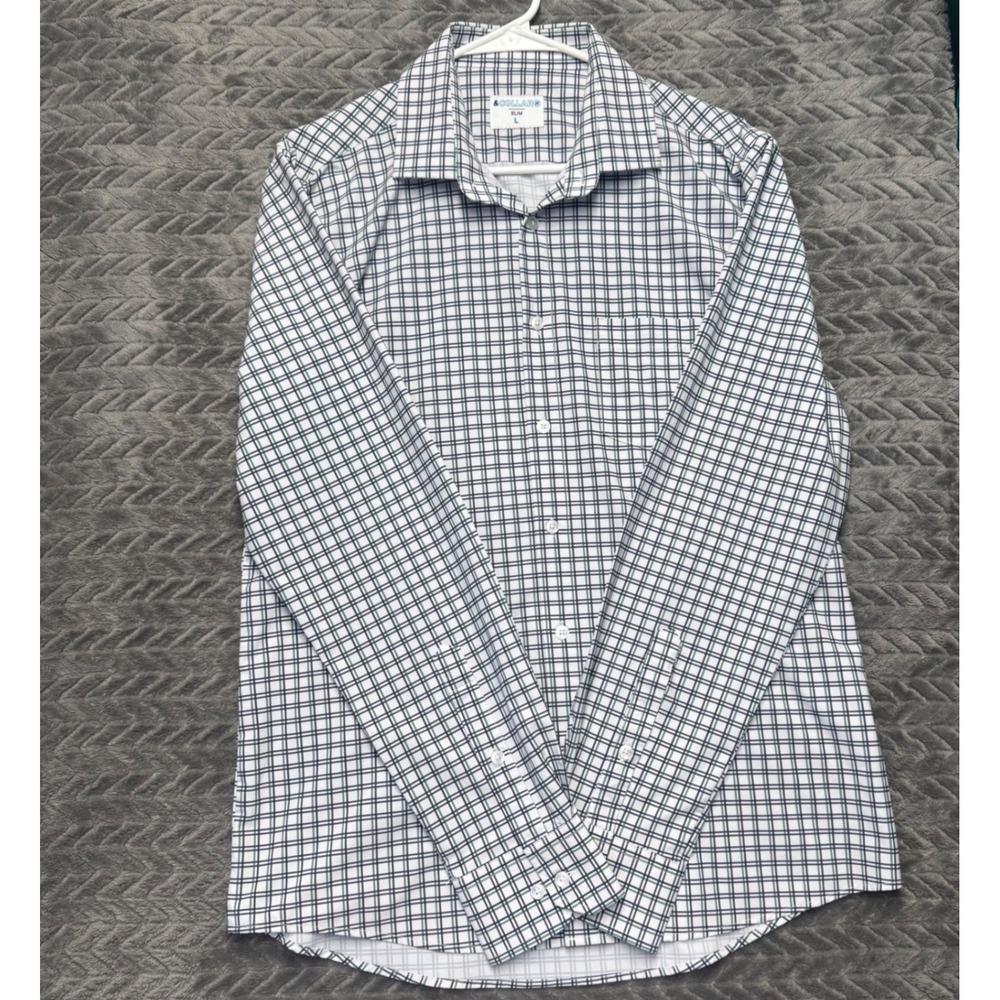 &Collar‎ Performance Dress Shirt Large White Plaid Excellent Slim Stretch (1930)